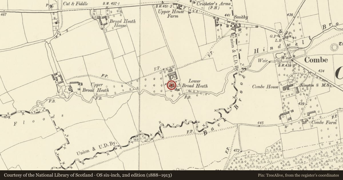 Ordnance Survey six-inch map, 2nd edition (1888–1913) covering the location of Lower Broad Heath Farmhouse, Presteigne, Powys, with a pin at the register's coordinates