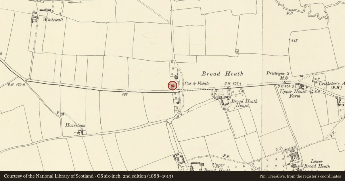Ordnance Survey six-inch map, 2nd edition (1888–1913) covering the location of Cat and Fiddle, Presteigne, Powys, with a pin at the register's coordinates
