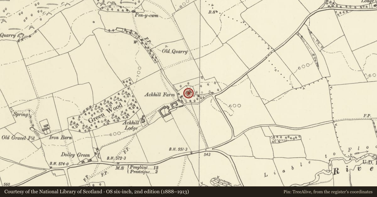 Ordnance Survey six-inch map, 2nd edition (1888–1913) covering the location of Ackill House, Presteigne, Powys, with a pin at the register's coordinates