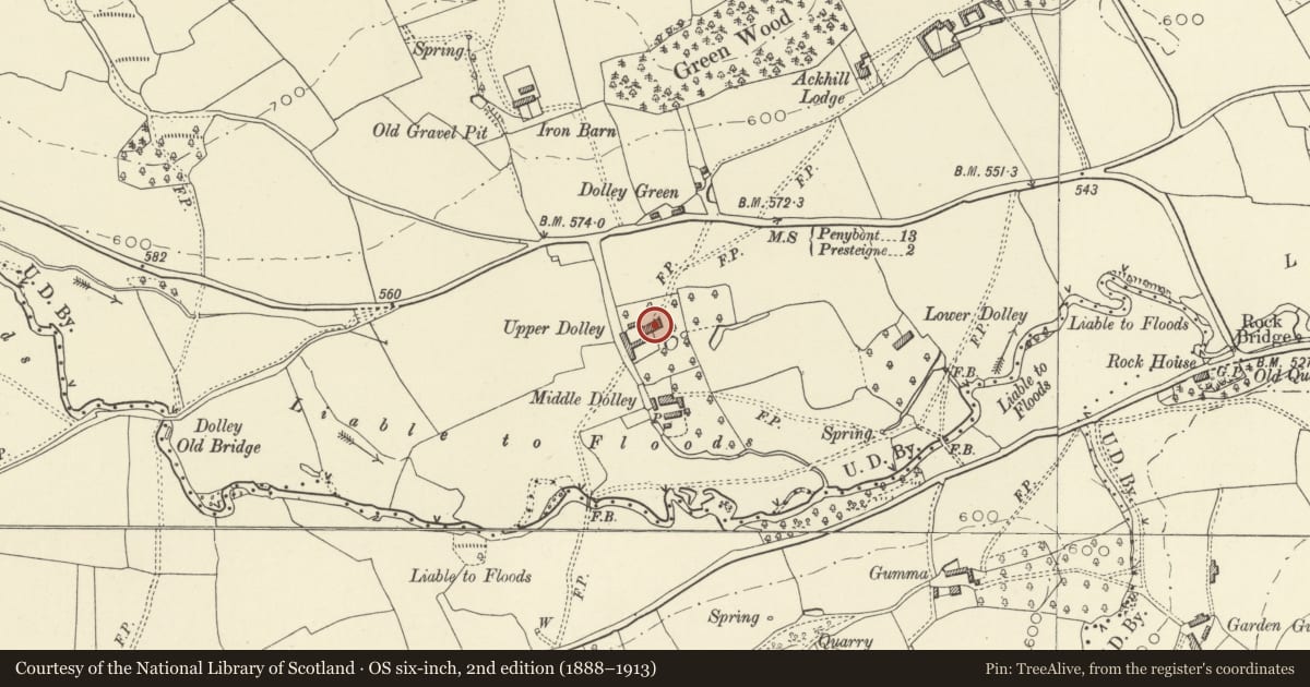 Ordnance Survey six-inch map, 2nd edition (1888–1913) covering the location of Upper Dolley House, Presteigne, Powys, with a pin at the register's coordinates