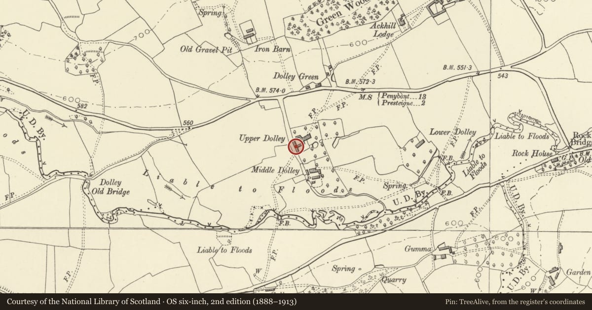 Ordnance Survey six-inch map, 2nd edition (1888–1913) covering the location of Courtyard Ranges at Upper Dolley House, Presteigne, Powys, with a pin at the register's coordinates