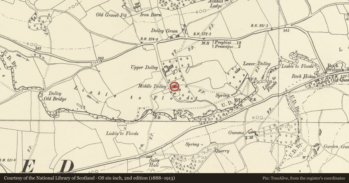 Ordnance Survey six-inch map, 2nd edition (1888–1913) covering the location of Dolley Farmhouse, Presteigne, Powys, with a pin at the register's coordinates