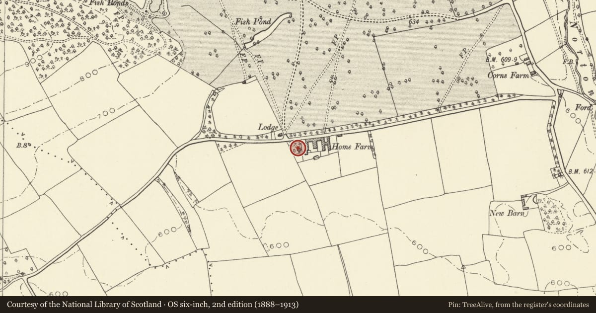Ordnance Survey six-inch map, 2nd edition (1888–1913) covering the location of Former Dairy Building at Home Farm, Norton Manor, Presteigne, Powys, with a pin at the register's coordinates