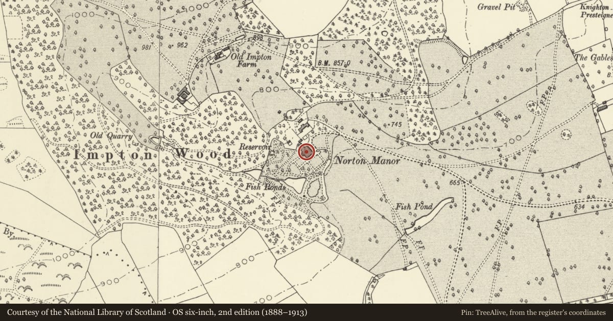 Ordnance Survey six-inch map, 2nd edition (1888–1913) covering the location of Norton Manor House, Presteigne, Powys, with a pin at the register's coordinates