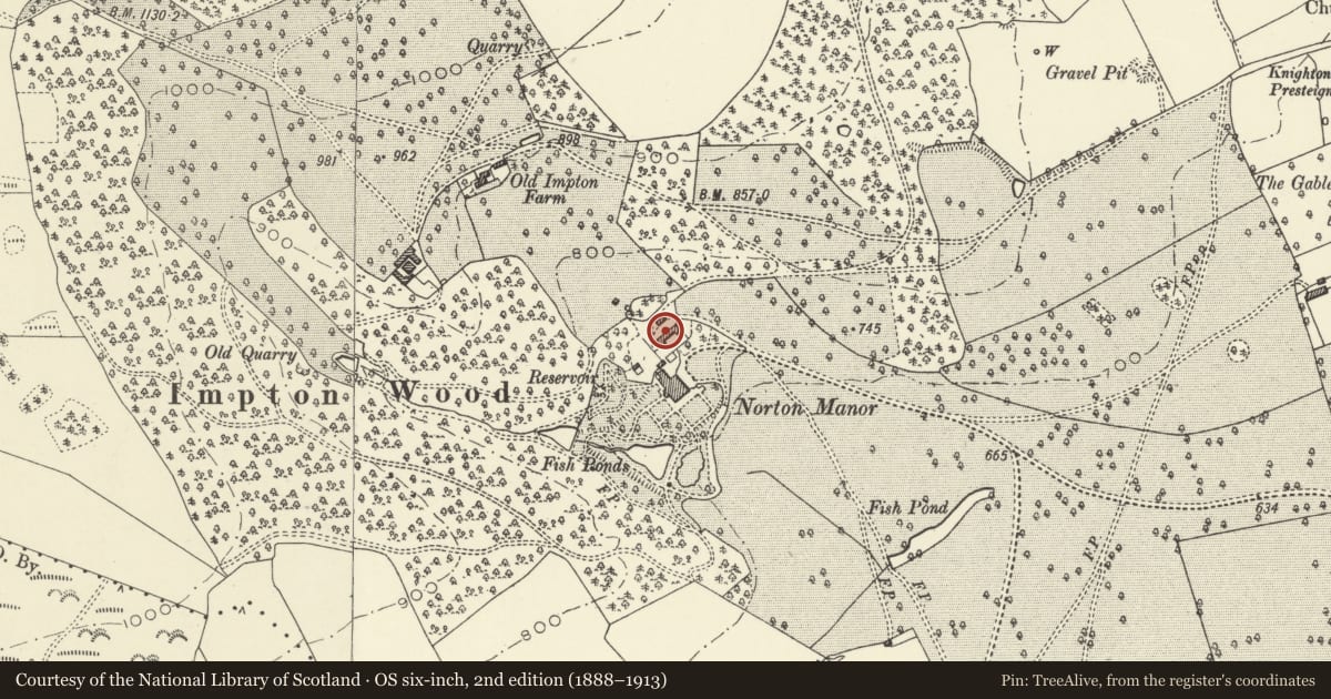 Ordnance Survey six-inch map, 2nd edition (1888–1913) covering the location of Former Coach-house and Stables at Norton Manor House, Presteigne, Powys, with a pin at the register's coordinates
