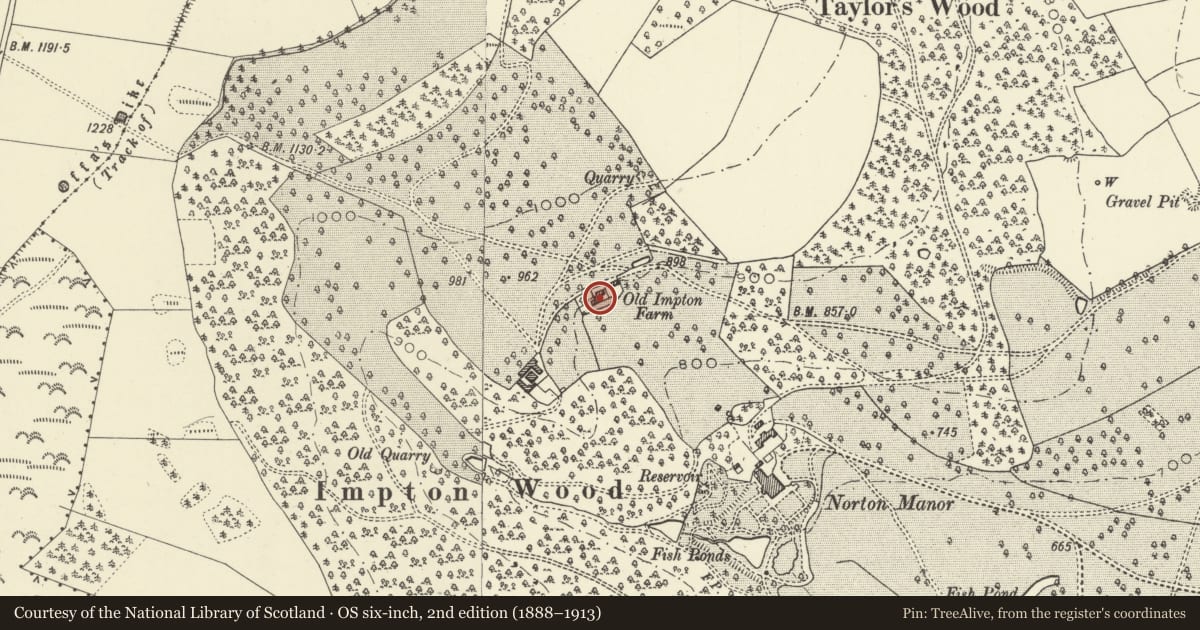 Ordnance Survey six-inch map, 2nd edition (1888–1913) covering the location of Old Impton Farmhouse, Presteigne, Powys, with a pin at the register's coordinates