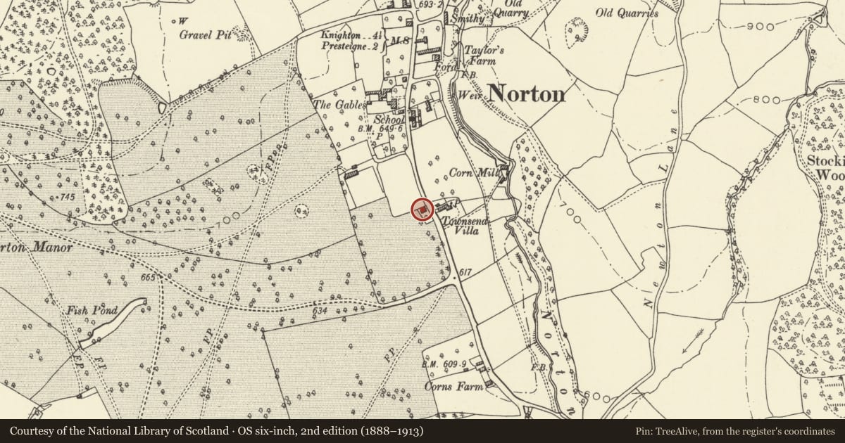 Ordnance Survey six-inch map, 2nd edition (1888–1913) covering the location of The Cottage, Presteigne, Powys, with a pin at the register's coordinates