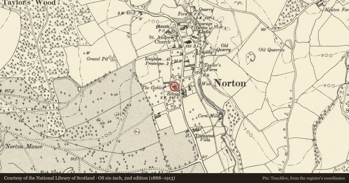 Ordnance Survey six-inch map, 2nd edition (1888–1913) covering the location of The Gables, Presteigne, Powys, with a pin at the register's coordinates