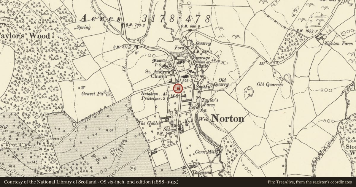Ordnance Survey six-inch map, 2nd edition (1888–1913) covering the location of Bircher Close, Presteigne, Powys, with a pin at the register's coordinates
