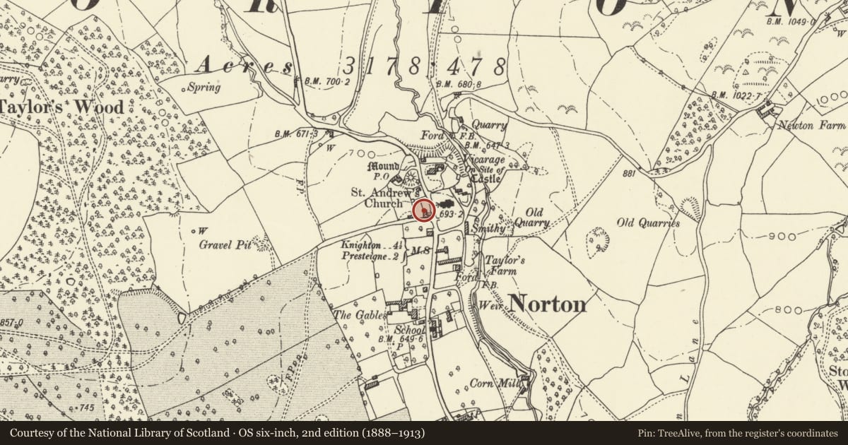 Ordnance Survey six-inch map, 2nd edition (1888–1913) covering the location of Norton Post Office, Presteigne, Powys, with a pin at the register's coordinates