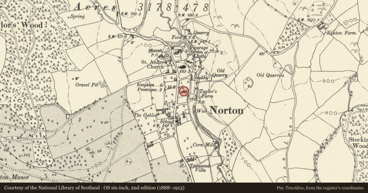 Ordnance Survey six-inch map, 2nd edition (1888–1913) covering the location of Farm Range at Corte House, Presteigne, Powys, with a pin at the register's coordinates