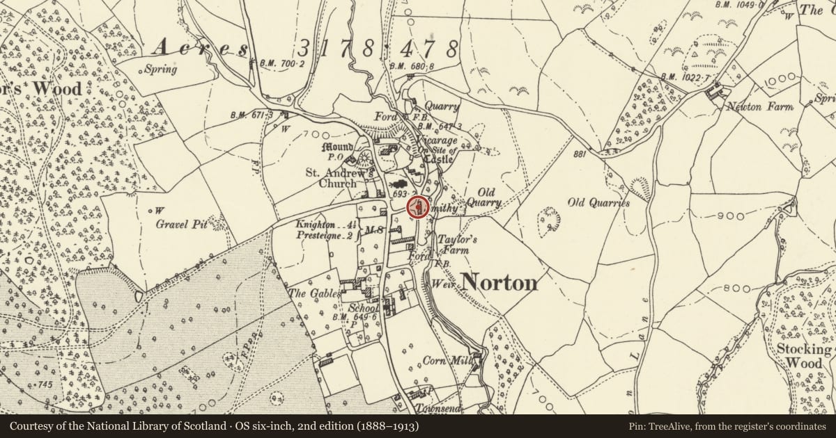 Ordnance Survey six-inch map, 2nd edition (1888–1913) covering the location of The Forge, Presteigne, Powys, with a pin at the register's coordinates
