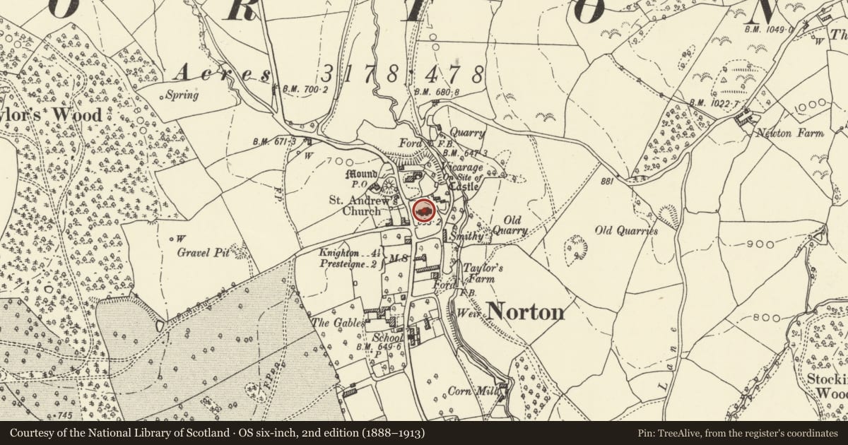 Ordnance Survey six-inch map, 2nd edition (1888–1913) covering the location of Church of Saint Andrew, Presteigne, Powys, with a pin at the register's coordinates