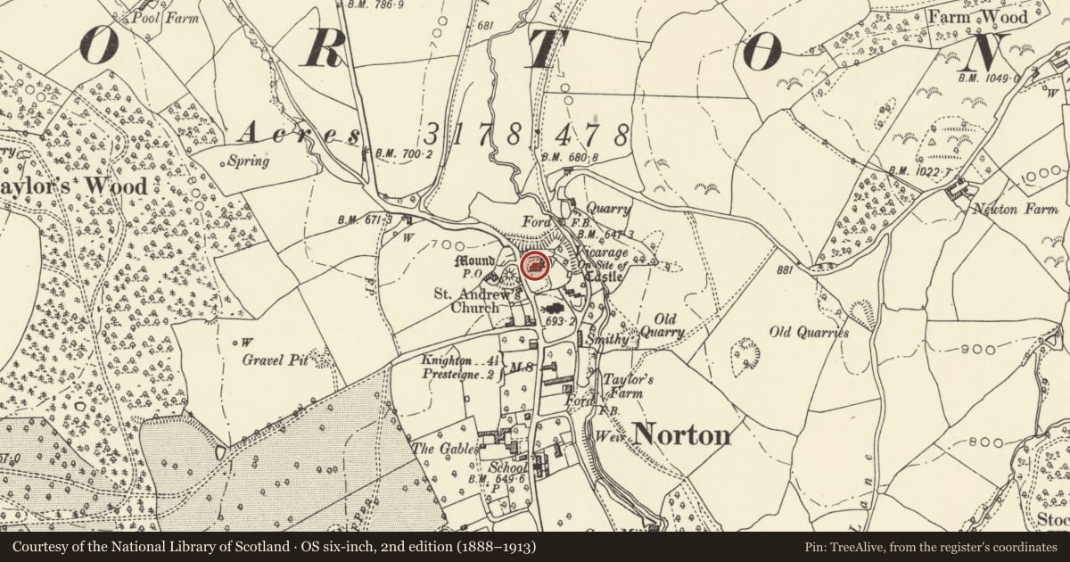 Ordnance Survey six-inch map, 2nd edition (1888–1913) covering the location of The Old Vicarage, Presteigne, Powys, with a pin at the register's coordinates