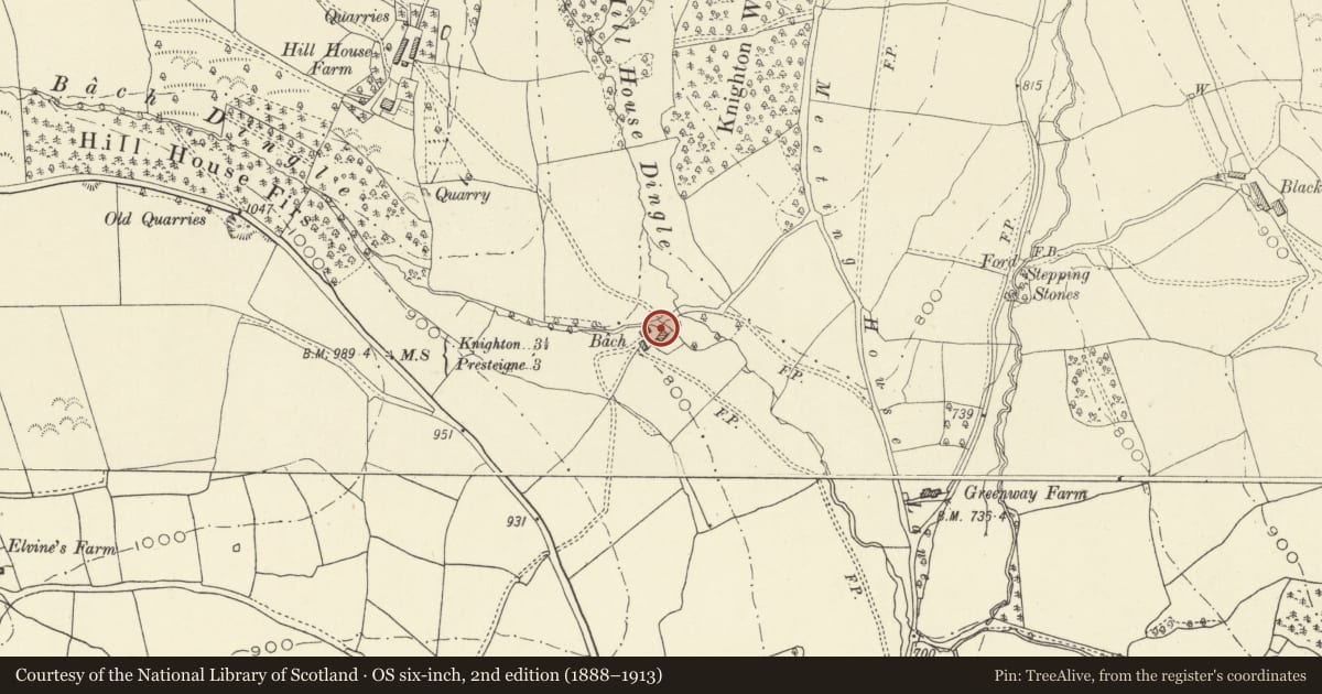 Ordnance Survey six-inch map, 2nd edition (1888–1913) covering the location of Bach House, Presteigne, Powys, with a pin at the register's coordinates
