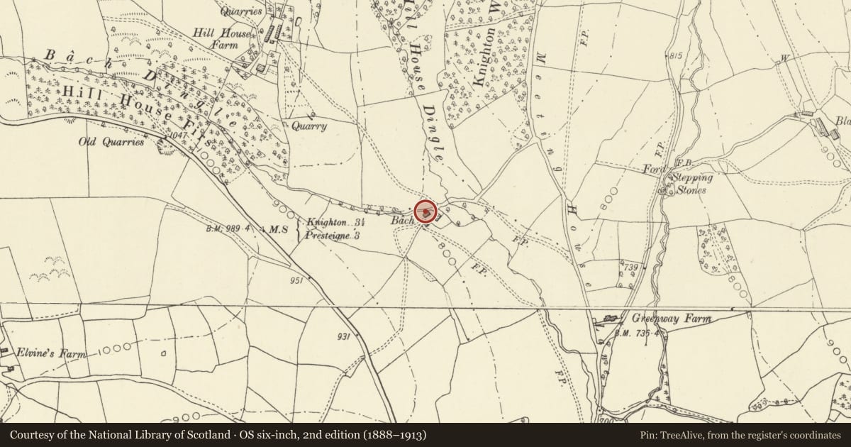 Ordnance Survey six-inch map, 2nd edition (1888–1913) covering the location of Outbuilding at Bach House, Presteigne, Powys, with a pin at the register's coordinates
