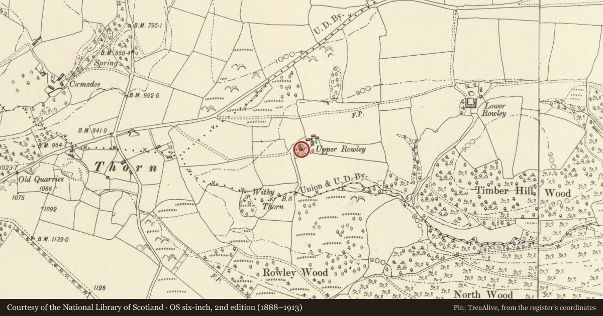 Ordnance Survey six-inch map, 2nd edition (1888–1913) covering the location of Upper Rowley Farmhouse, Presteigne, Powys, with a pin at the register's coordinates