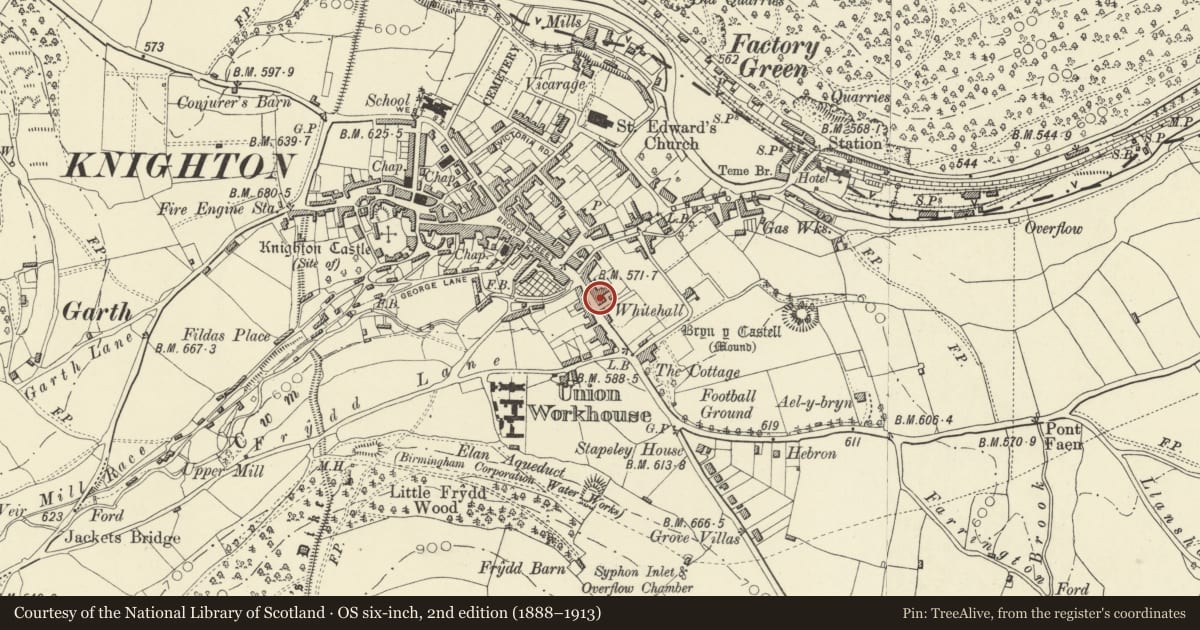 Ordnance Survey six-inch map, 2nd edition (1888–1913) covering the location of Swan Hotel, Knighton, Powys, with a pin at the register's coordinates