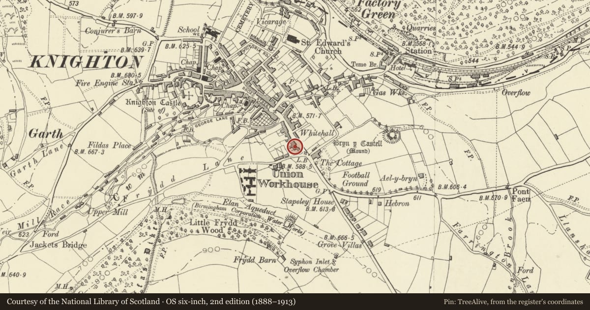 Ordnance Survey six-inch map, 2nd edition (1888–1913) covering the location of Old Mansion House, Knighton, Powys, with a pin at the register's coordinates