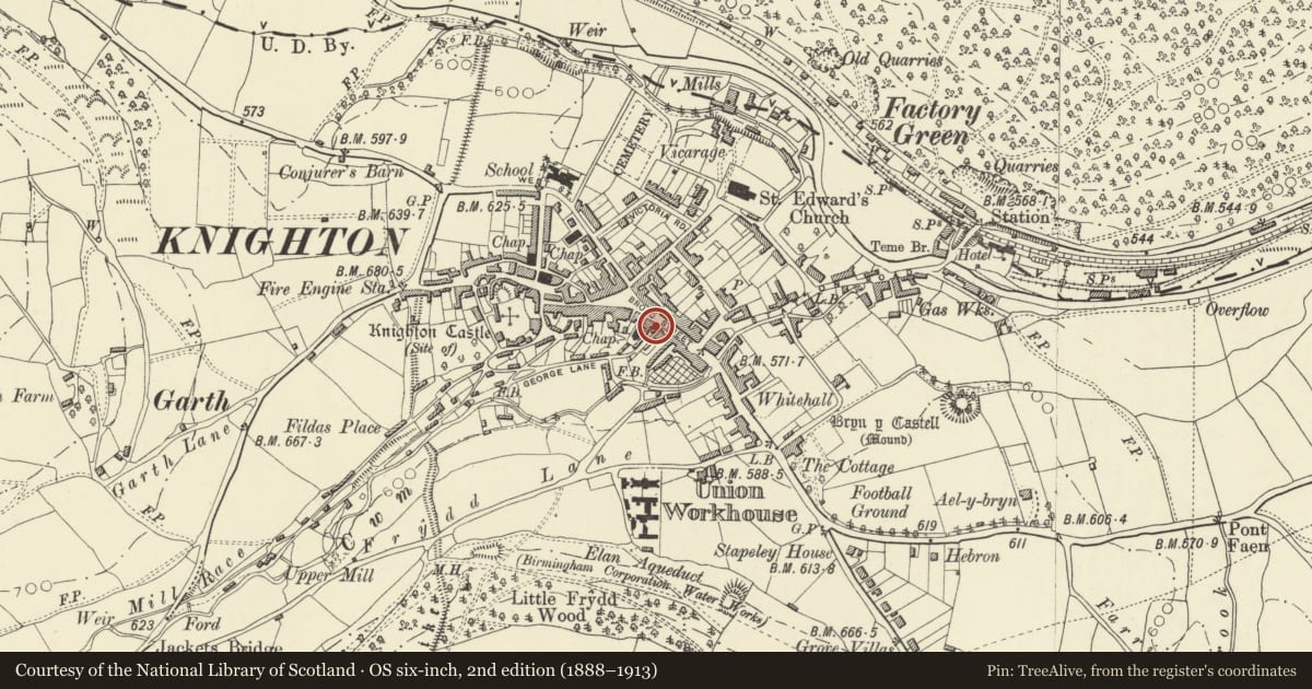 Ordnance Survey six-inch map, 2nd edition (1888–1913) covering the location of George and Dragon P.H., Knighton, Powys, with a pin at the register's coordinates