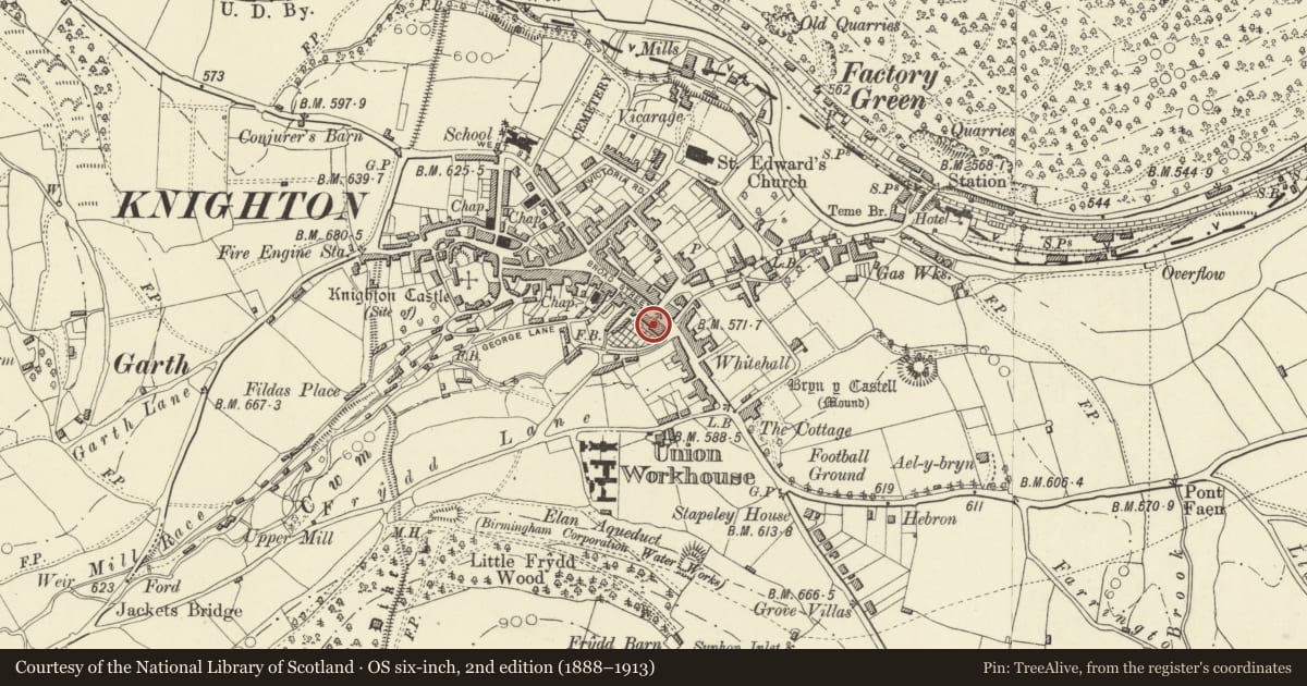 Ordnance Survey six-inch map, 2nd edition (1888–1913) covering the location of Norton Arms Hotel, Knighton, Powys, with a pin at the register's coordinates