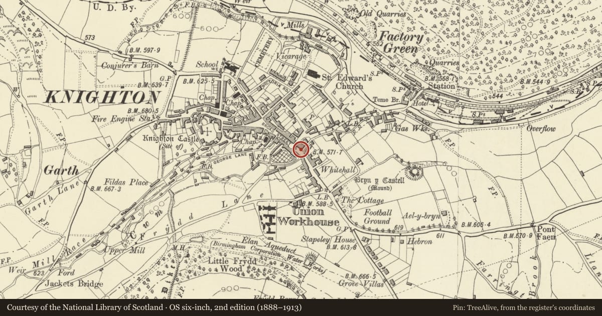 Ordnance Survey six-inch map, 2nd edition (1888–1913) covering the location of Lamp Post, Knighton, Powys, with a pin at the register's coordinates