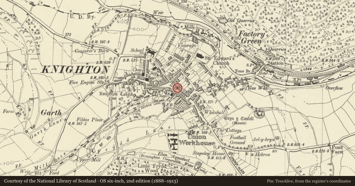 Ordnance Survey six-inch map, 2nd edition (1888–1913) covering the location of Elizabeth's Fashions & Solitaire, Knighton, Powys, with a pin at the register's coordinates