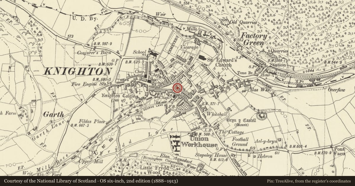 Ordnance Survey six-inch map, 2nd edition (1888–1913) covering the location of Florist & C.B.Print, Knighton, Powys, with a pin at the register's coordinates