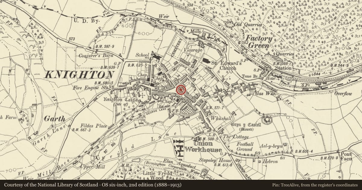 Ordnance Survey six-inch map, 2nd edition (1888–1913) covering the location of Stars News Shop Ltd, Knighton, Powys, with a pin at the register's coordinates