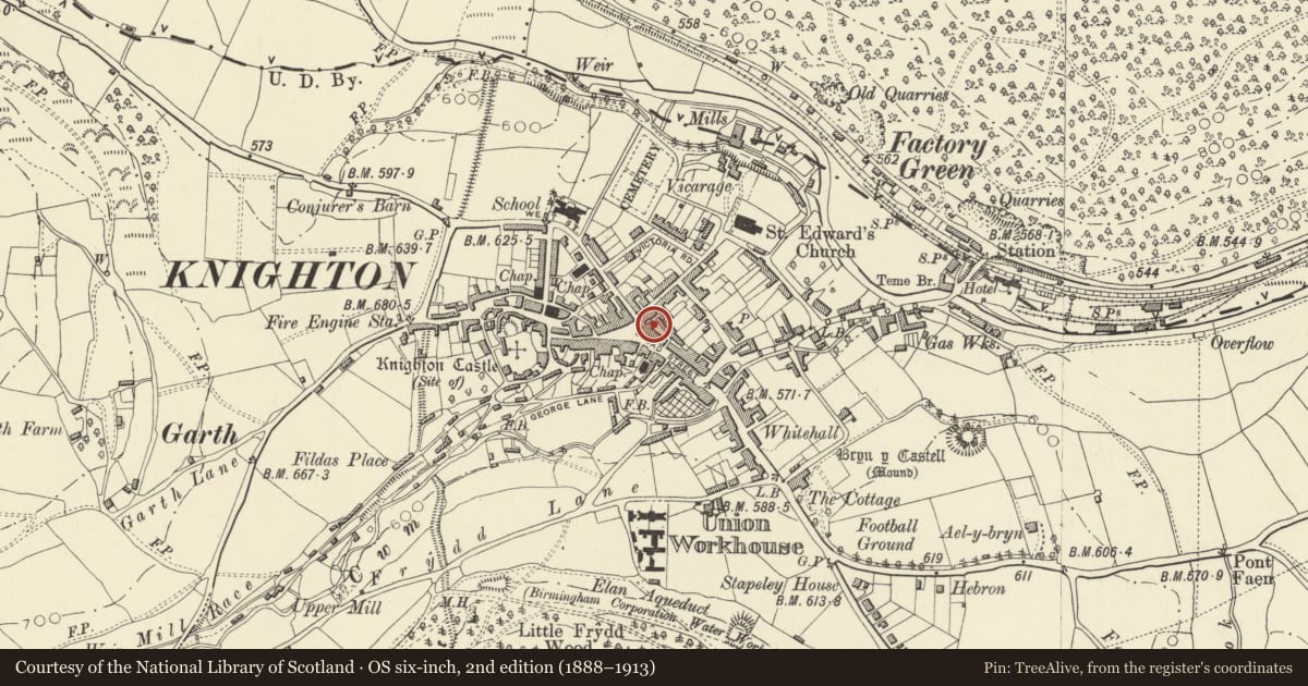 Ordnance Survey six-inch map, 2nd edition (1888–1913) covering the location of Prince & Pugh Ltd, Knighton, Powys, with a pin at the register's coordinates