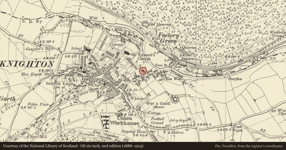 Ordnance Survey six-inch map, 2nd edition (1888–1913) covering the location of Ystrad House, Knighton, Powys, with a pin at the register's coordinates