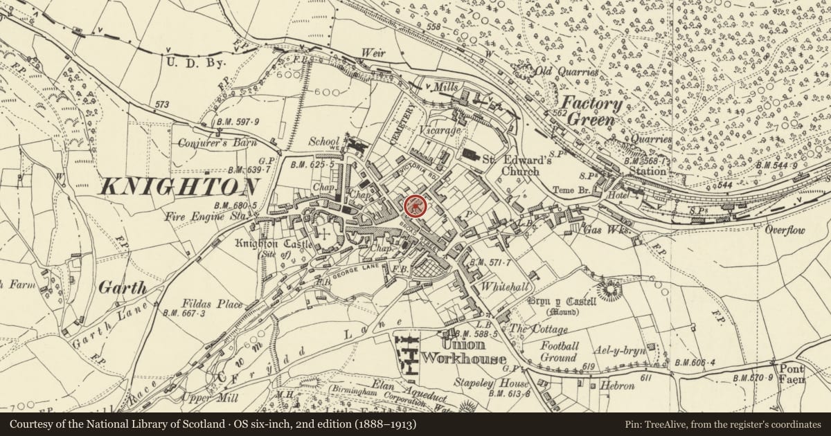 Ordnance Survey six-inch map, 2nd edition (1888–1913) covering the location of Manor House, Knighton, Powys, with a pin at the register's coordinates