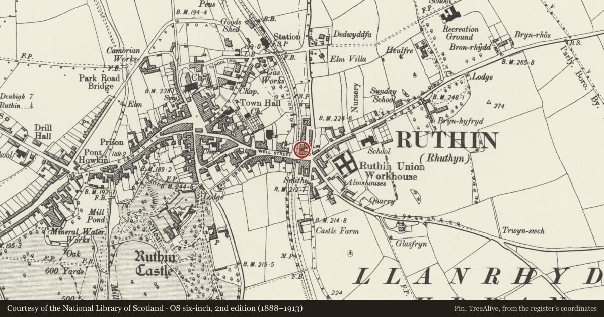 Ordnance Survey six-inch map, 2nd edition (1888–1913) covering the location of Moelfa, Ruthin, Denbighshire, with a pin at the register's coordinates