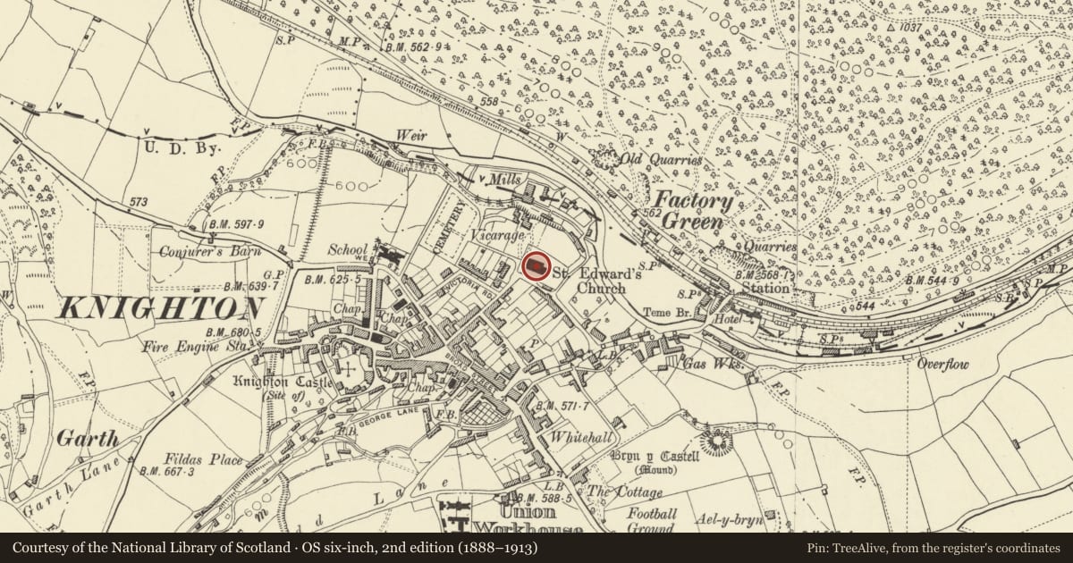 Ordnance Survey six-inch map, 2nd edition (1888–1913) covering the location of St. Edward's Church, Knighton, Powys, with a pin at the register's coordinates