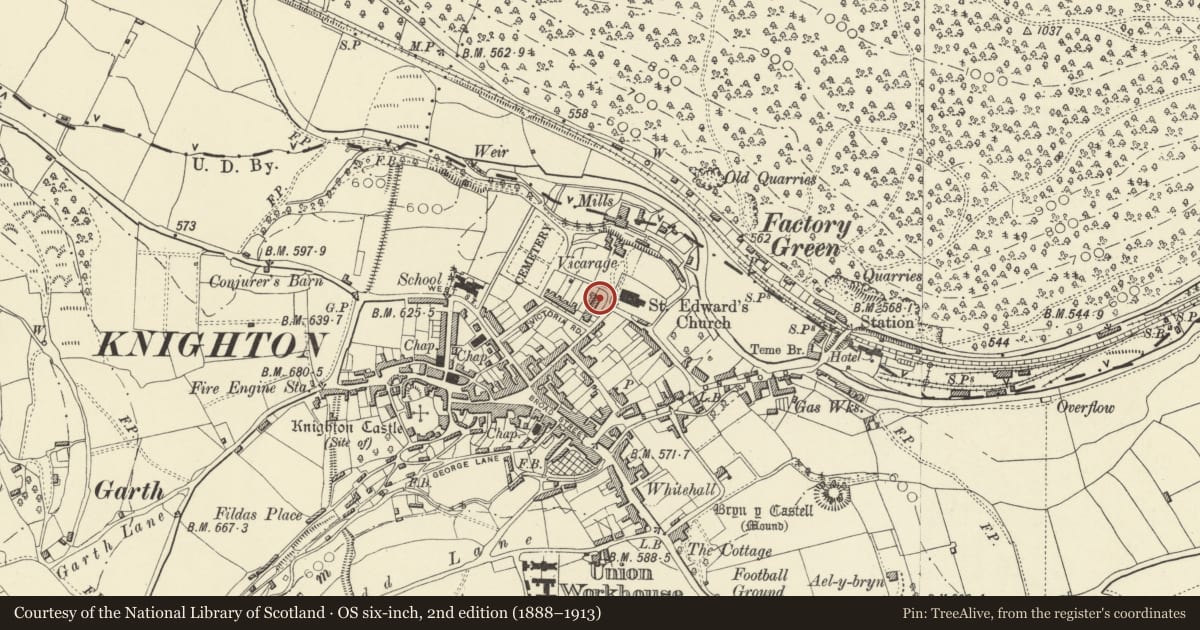 Ordnance Survey six-inch map, 2nd edition (1888–1913) covering the location of Green Price Almshouses, Knighton, Powys, with a pin at the register's coordinates