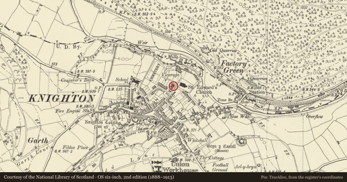 Ordnance Survey six-inch map, 2nd edition (1888–1913) covering the location of Green Price Almshouses, Knighton, Powys, with a pin at the register's coordinates