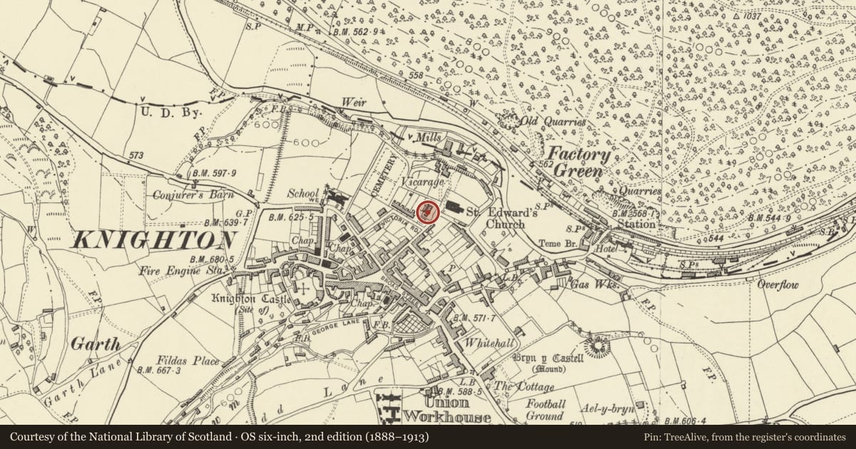 Ordnance Survey six-inch map, 2nd edition (1888–1913) covering the location of Green Price Almshouses, Knighton, Powys, with a pin at the register's coordinates