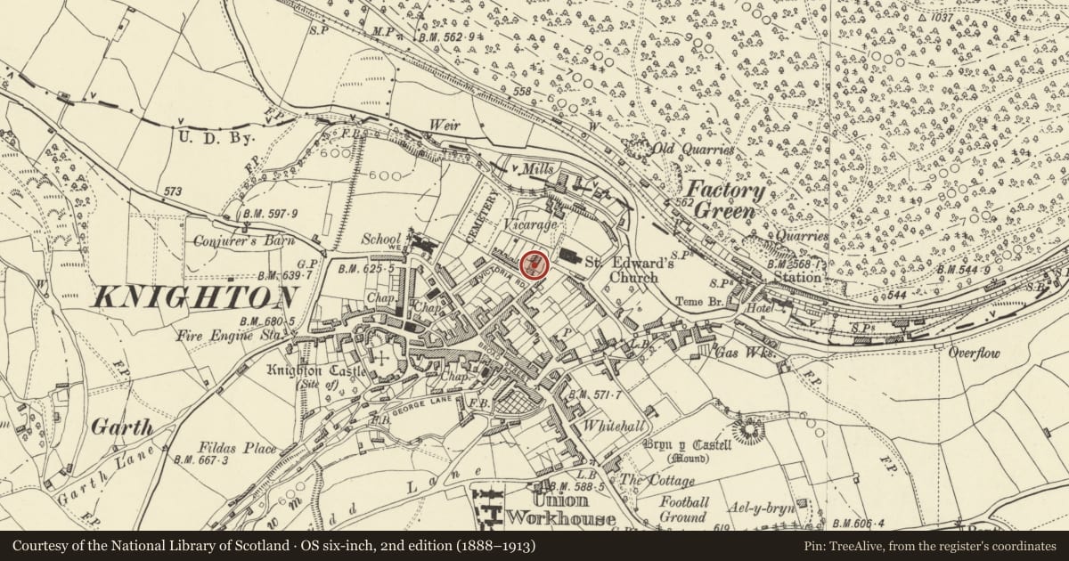 Ordnance Survey six-inch map, 2nd edition (1888–1913) covering the location of Green Price Almhouses, Knighton, Powys, with a pin at the register's coordinates