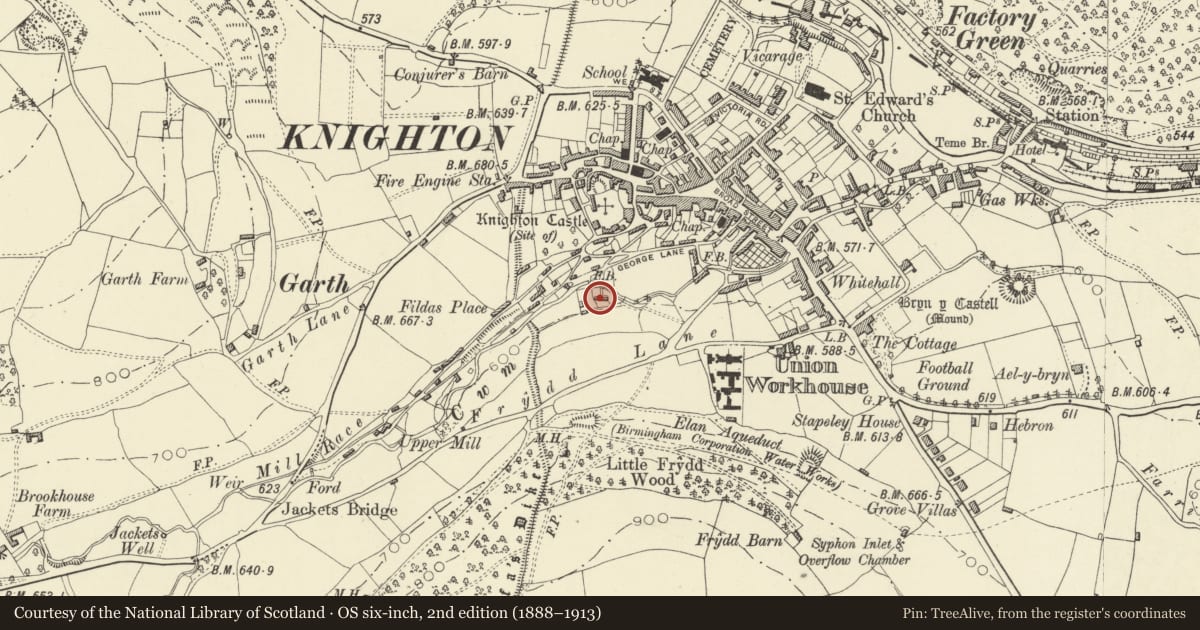 Ordnance Survey six-inch map, 2nd edition (1888–1913) covering the location of 12 The Cwm, Knighton, Powys, with a pin at the register's coordinates