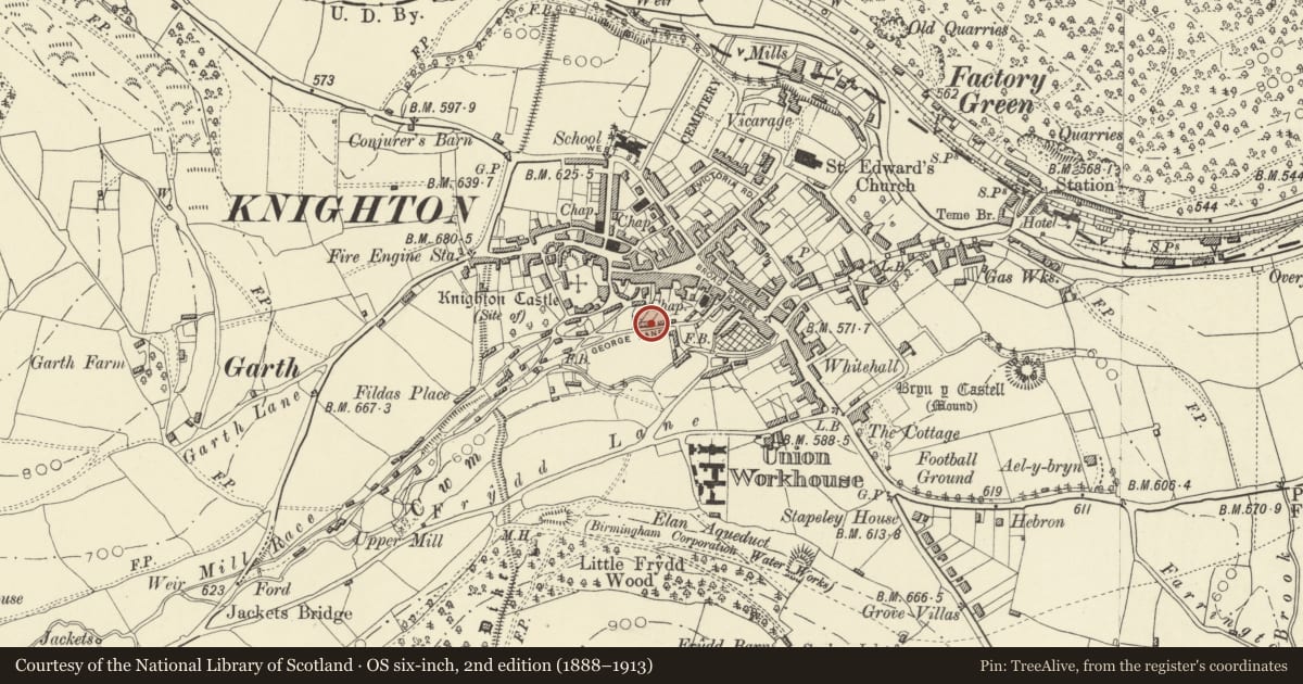 Ordnance Survey six-inch map, 2nd edition (1888–1913) covering the location of Cefnlly's, Knighton, Powys, with a pin at the register's coordinates