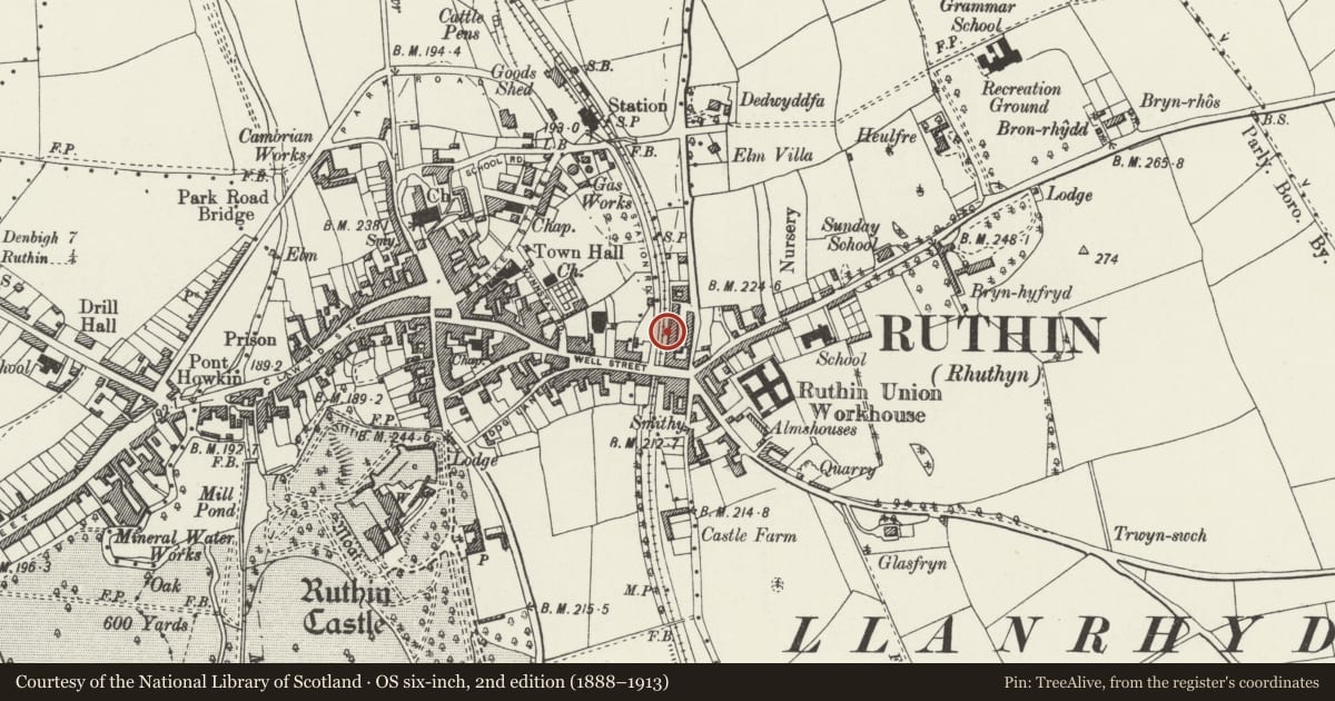 Ordnance Survey six-inch map, 2nd edition (1888–1913) covering the location of Boundary Railings in front of Moelfa & 1-14, Ruthin, Denbighshire, with a pin at the register's coordinates