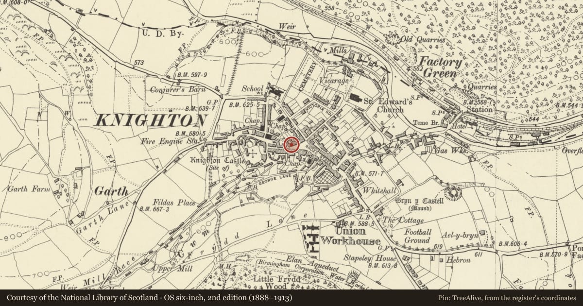 Ordnance Survey six-inch map, 2nd edition (1888–1913) covering the location of H.W.Parker, Chemist, Knighton, Powys, with a pin at the register's coordinates