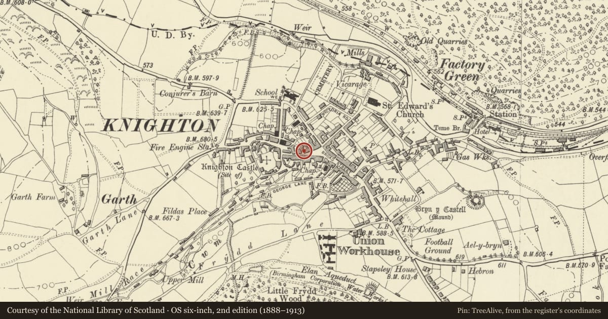 Ordnance Survey six-inch map, 2nd edition (1888–1913) covering the location of Walkmill Antiques, Knighton, Powys, with a pin at the register's coordinates