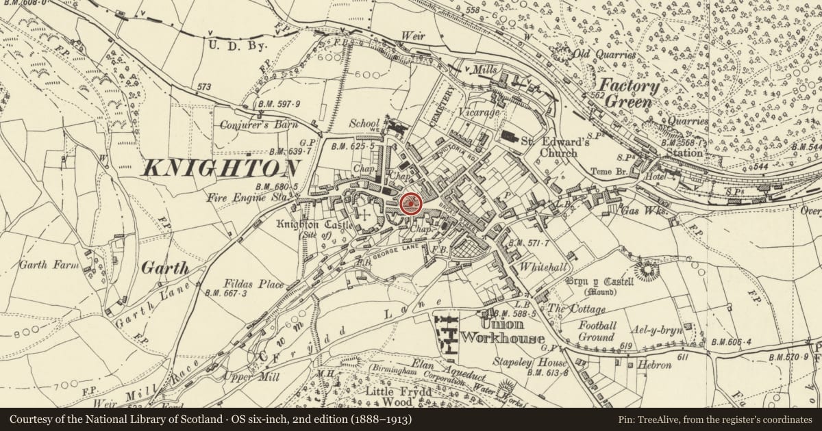 Ordnance Survey six-inch map, 2nd edition (1888–1913) covering the location of The Old Corner, Knighton, Powys, with a pin at the register's coordinates