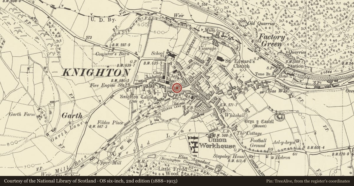 Ordnance Survey six-inch map, 2nd edition (1888–1913) covering the location of 9 & 9A (Molly's Cottage), Knighton, Powys, with a pin at the register's coordinates