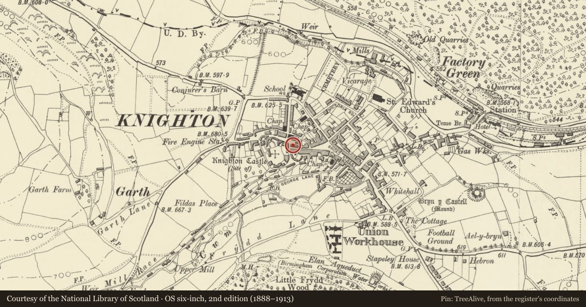 Ordnance Survey six-inch map, 2nd edition (1888–1913) covering the location of Rafa Club, Knighton, Powys, with a pin at the register's coordinates