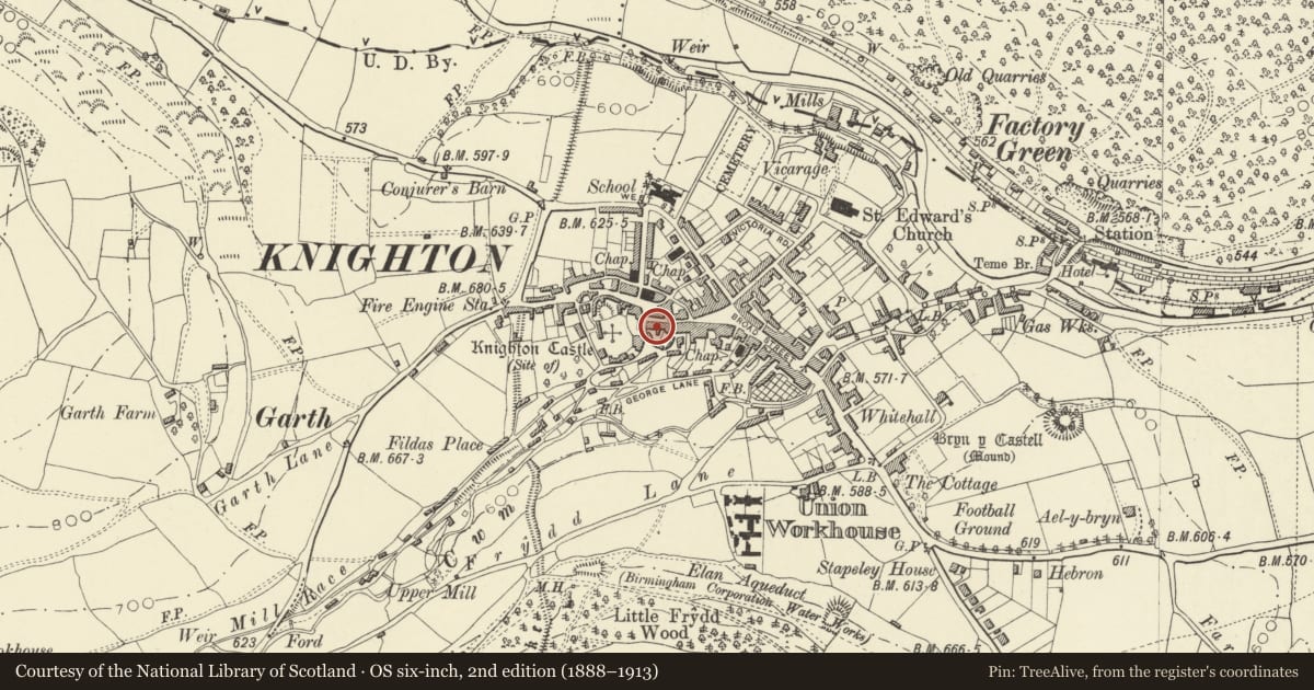 Ordnance Survey six-inch map, 2nd edition (1888–1913) covering the location of W. Gerrard, Hairdresser, Knighton, Powys, with a pin at the register's coordinates