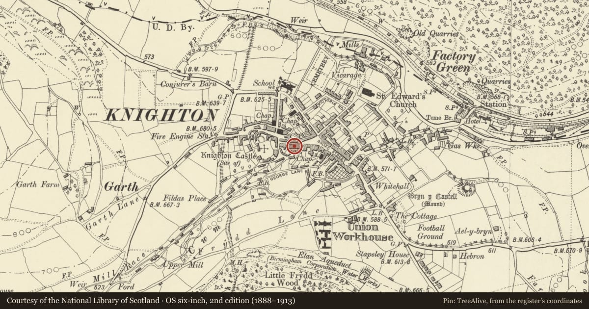 Ordnance Survey six-inch map, 2nd edition (1888–1913) covering the location of R.K. Bright, Knighton, Powys, with a pin at the register's coordinates