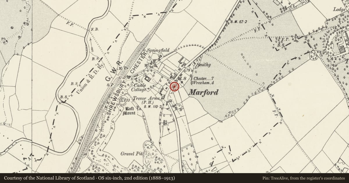 Ordnance Survey six-inch map, 2nd edition (1888–1913) covering the location of Holly Cottage, Gresford, Wrexham, with a pin at the register's coordinates