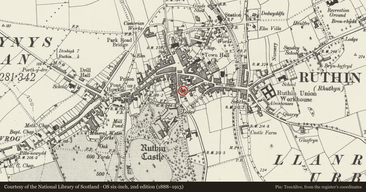 Ordnance Survey six-inch map, 2nd edition (1888–1913) covering the location of 1 Record Street, Ruthin, Denbighshire, with a pin at the register's coordinates